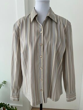BASLER Striped Button Front Long Sleeve Blouse Business Office Career Neutral